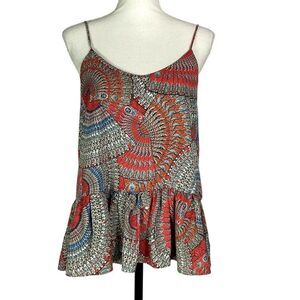 Abilene Peplum Spaghetti Strap top, red/orange/blue print, adjustable tie in the
